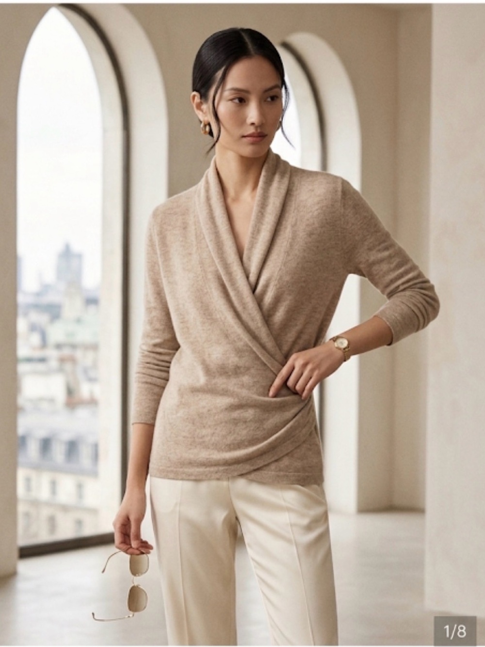 100%Cashmere Faux Wrap Sweater Quiet luxury Feminine Ballerina Style Sz S Beige